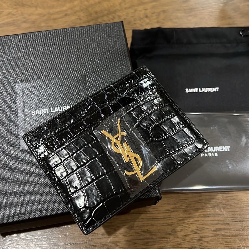 YSL Monogram Card Case Croc-Embossed Leather